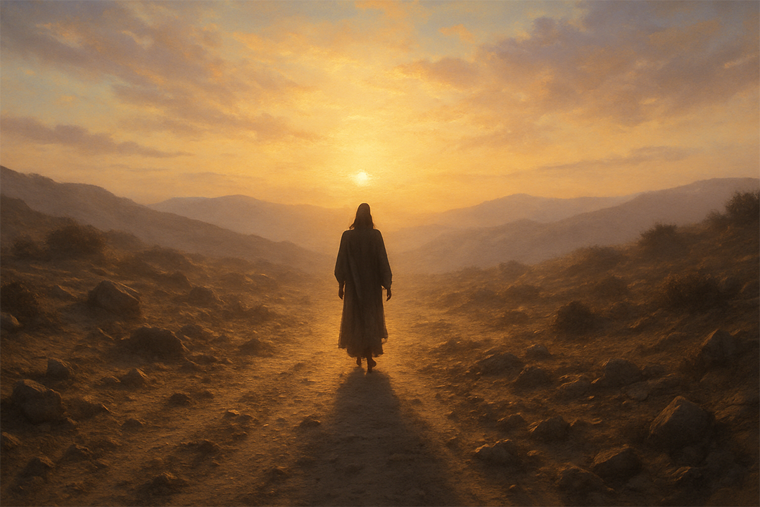 A solitary figure in a robe walks a dusty ancient Judean road at sunrise, surrounded by rocky wilderness and soft morning light.