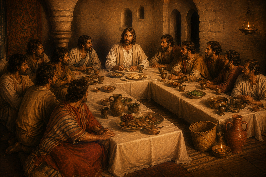 Jesus breaking bread with His twelve apostles at the Last Supper in a candlelit upper room in Jerusalem