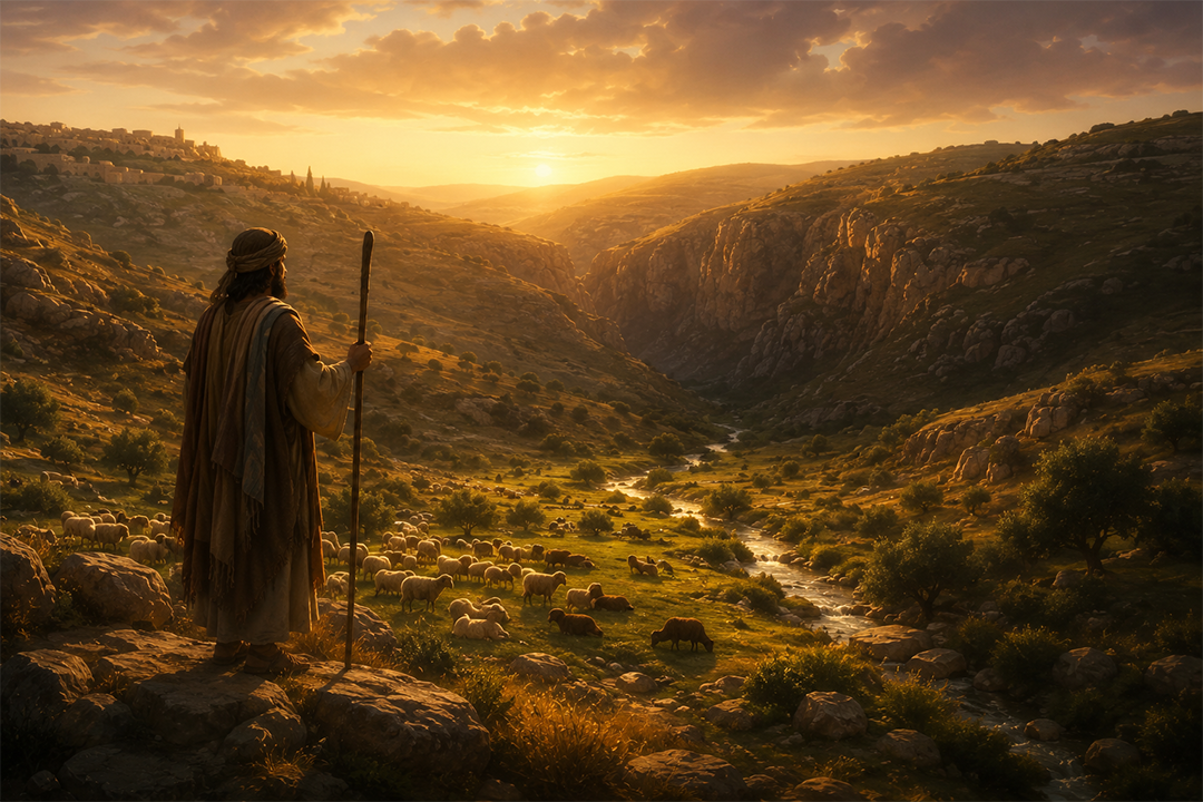 A lone shepherd with staff overlooking a flock of sheep resting in a lush green valley at golden hour with a dark rocky ravine in the background