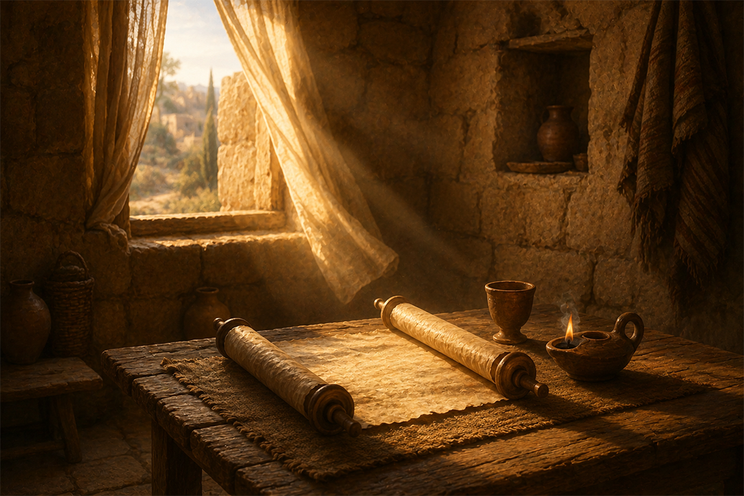 A quiet first-century stone room with morning light falling across a wooden table bearing a scroll, oil lamp, and clay cup